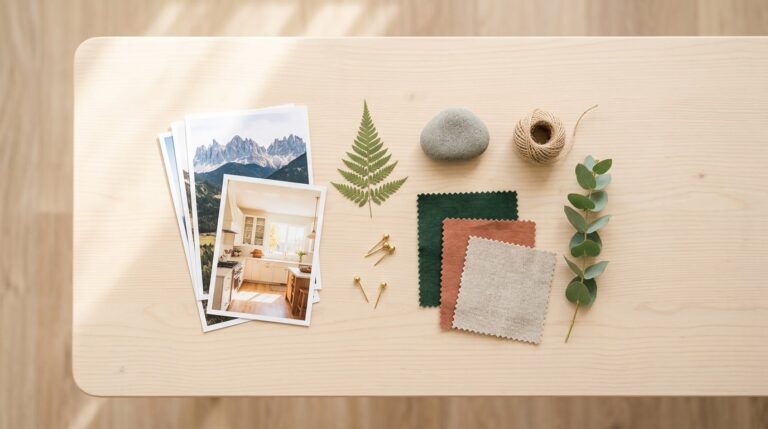 Things to put on a vision board laid out on a table: photos, a pressed fern, fabric swatches and brass pins