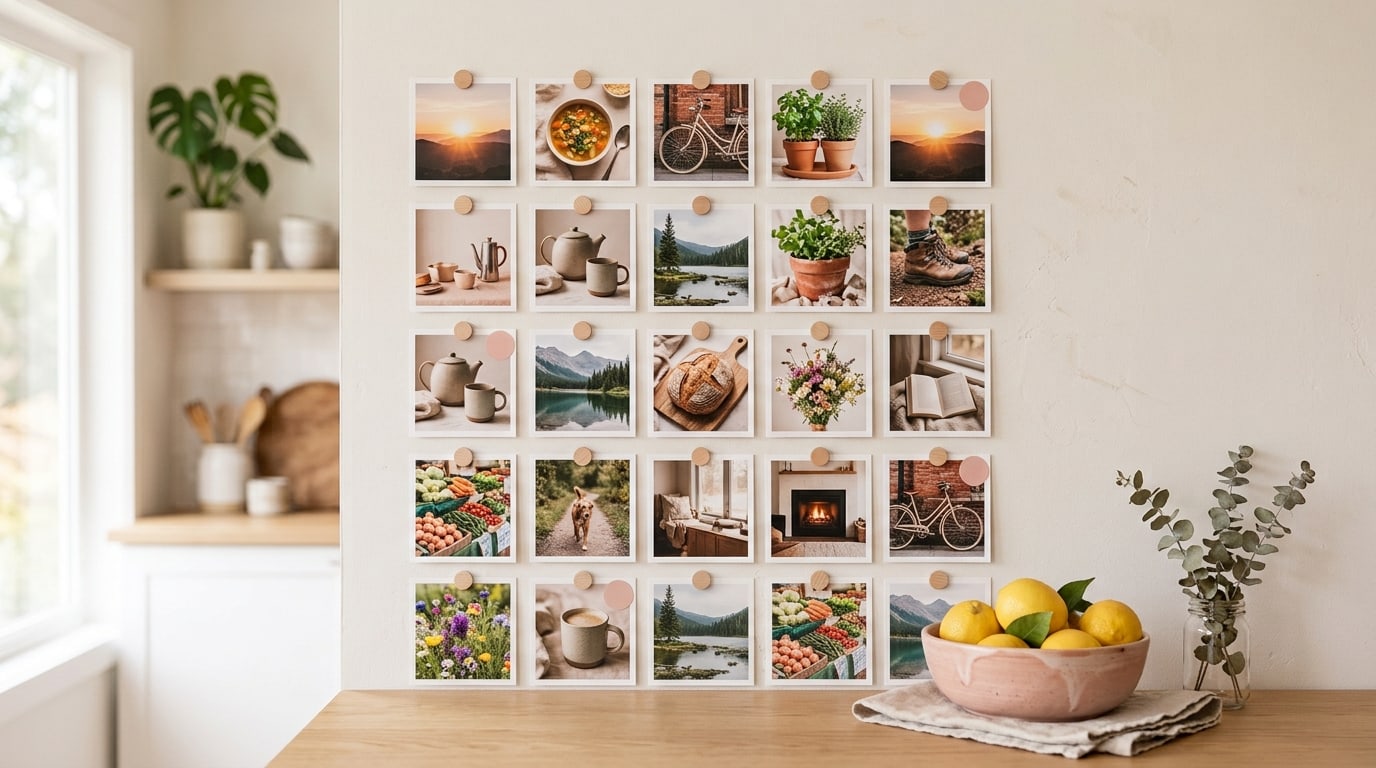 Vision board bingo ideas as a five by five grid of small everyday photos on a sunny kitchen wall