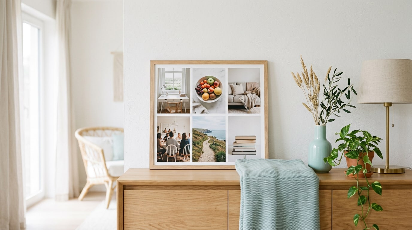 Vision board categories arranged as a grid of photos by theme on a sunny sideboard beside a vase and a plant