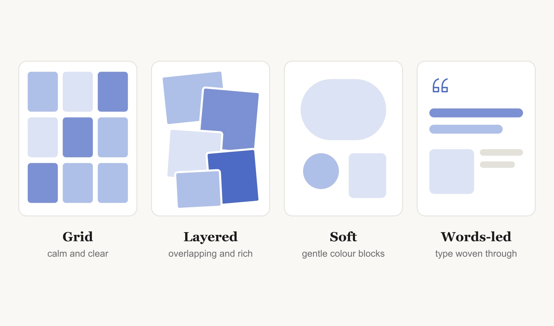 Four vision board collage ideas side by side: a calm grid, a layered collage, soft colour blocks and words-led