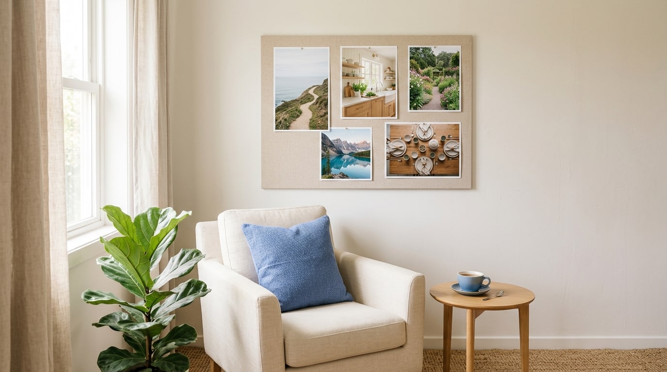 Vision board definition in practice: a board of goal photos on a wall above a reading chair and tea