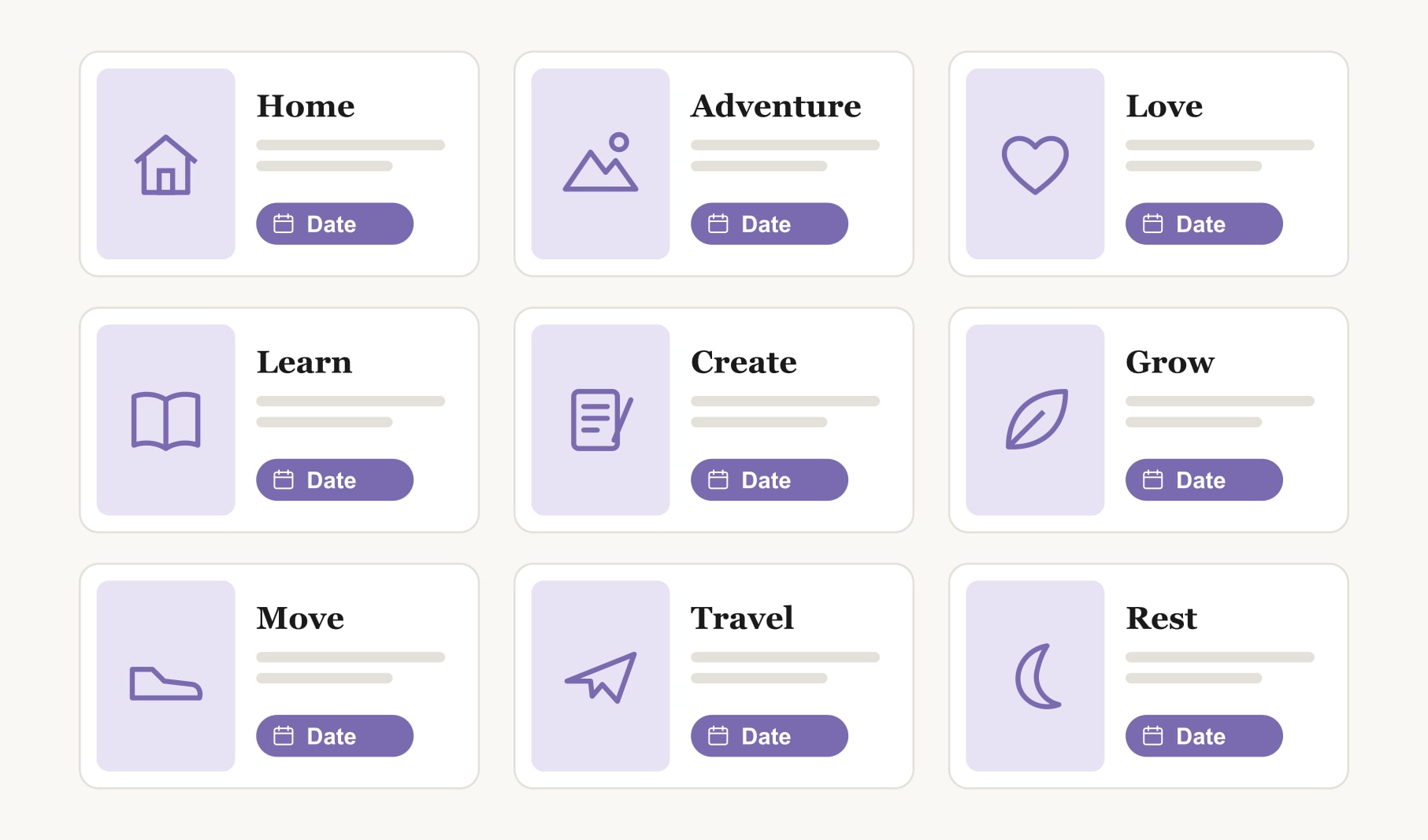 A drawn vision board of nine simple icons, from home and adventure to travel and rest