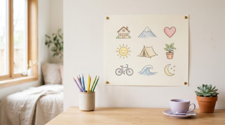 Vision board drawing ideas: a hand-drawn board of simple coloured icons pinned above a desk