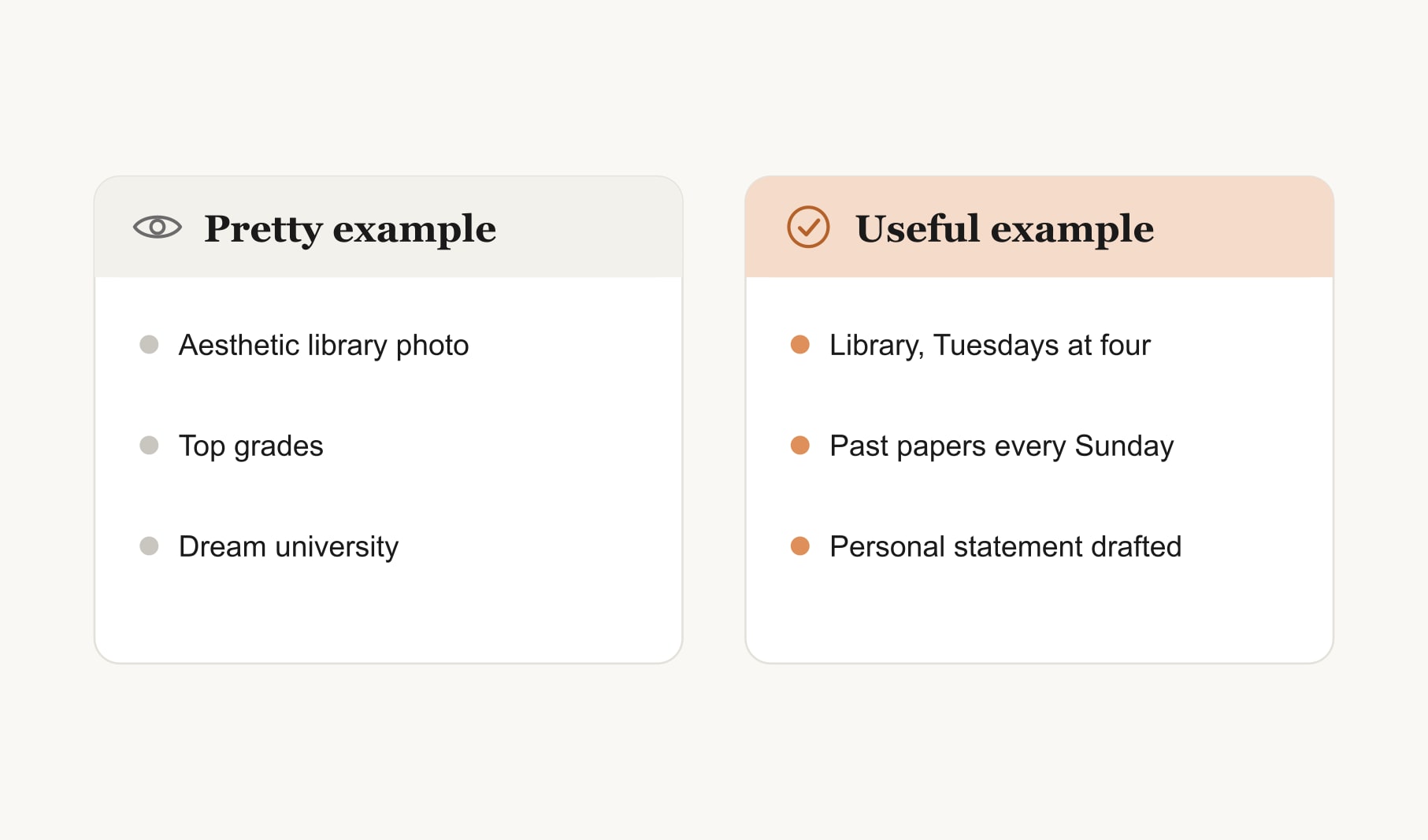 A pretty student vision board example compared with a useful one that adds times, habits and drafts