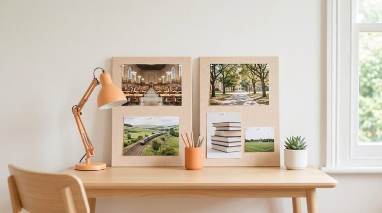 Vision board examples for students: two finished photo boards leaning on a tidy study desk