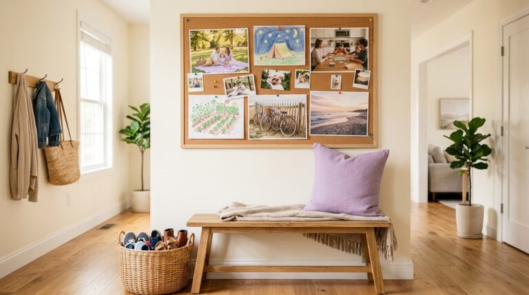 Vision board family goals: a cork board of picnic, tent and board game photos above a hallway bench