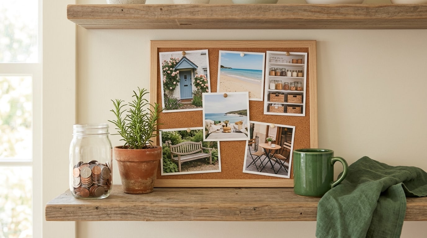 Vision board financial goals: a board of cottage, beach and pantry photos beside a small coin jar