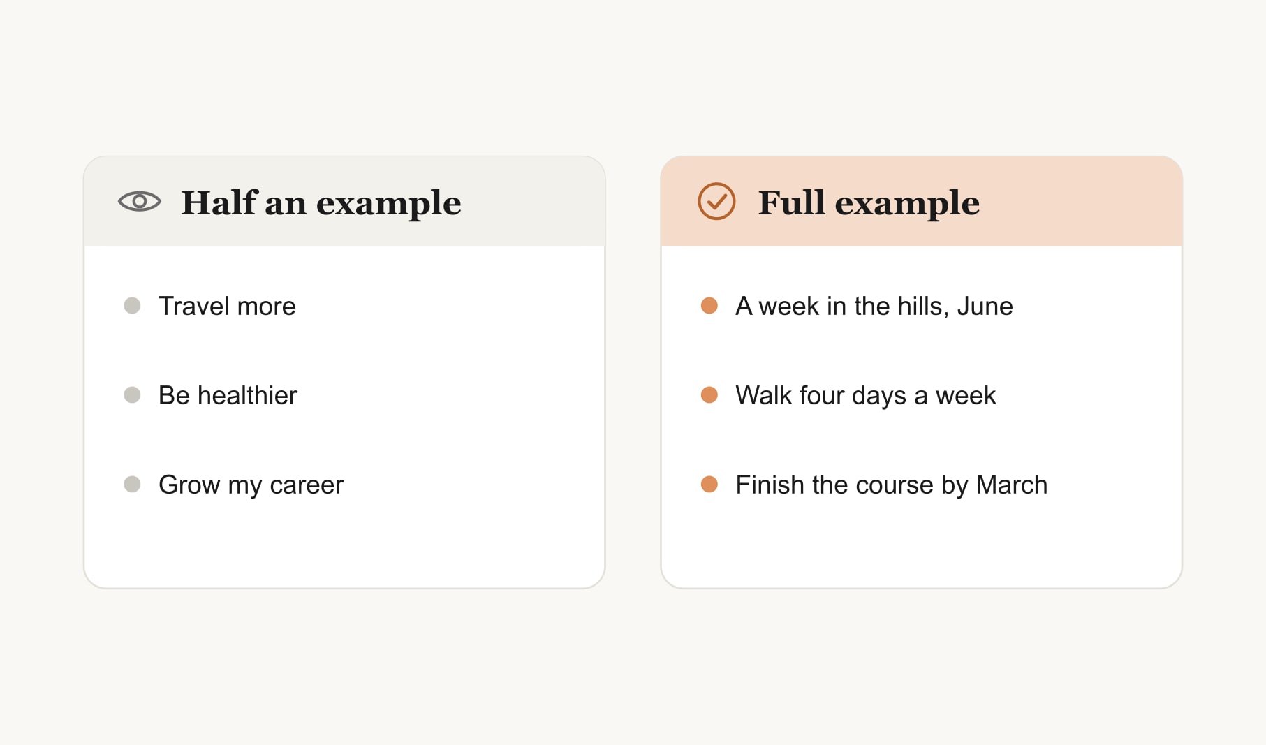 Half a vision board goal example compared with a full one that names the goal and the timing