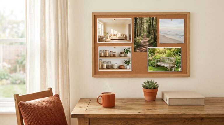 Vision board goals examples as a grid of goal photos pinned above a tidy wooden desk