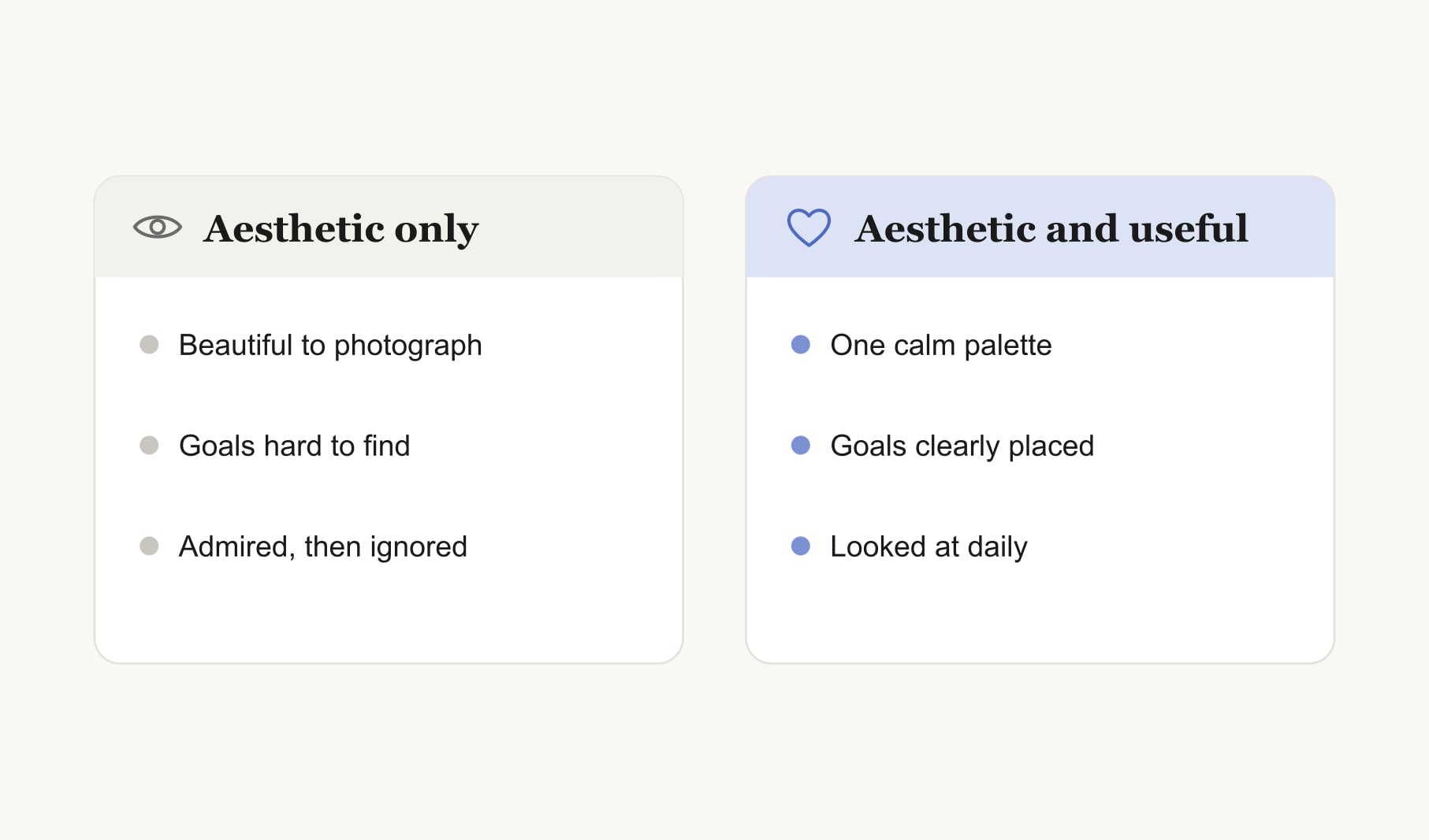 An aesthetic-only vision board compared with one that is beautiful and useful, with goals clearly placed