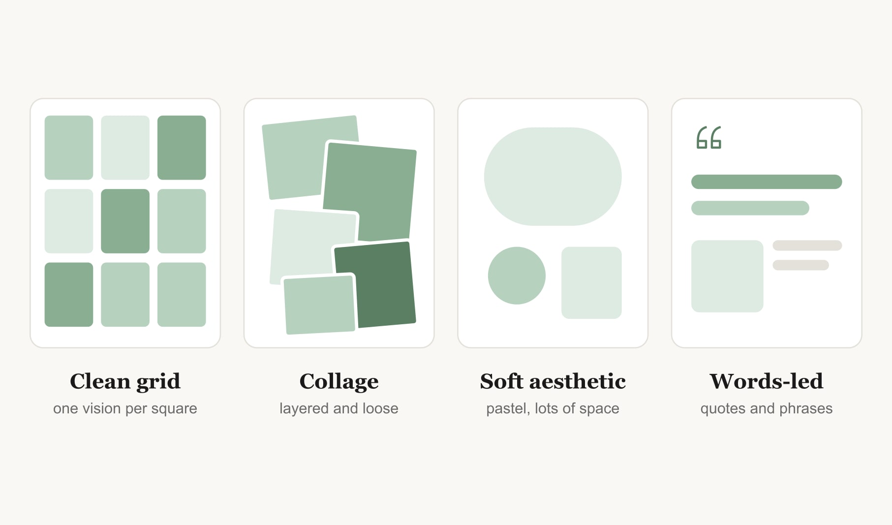 Four vision board styles side by side: a clean grid, a layered collage, a soft aesthetic board and a words-led board