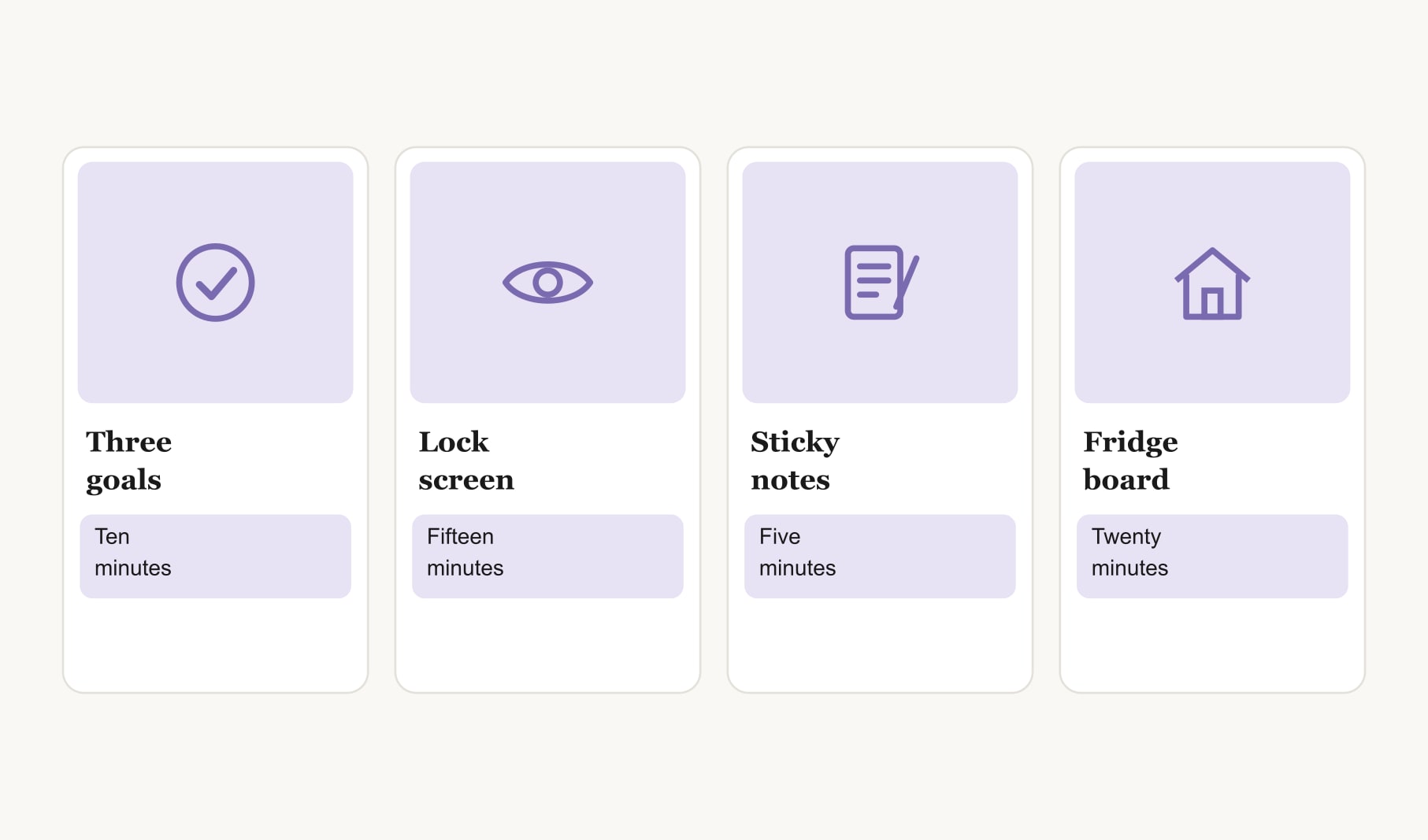 Four easy vision board ideas with times: three goals, a lock screen, sticky notes and a fridge board