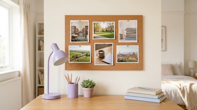 Vision board ideas for students pinned above a tidy desk, from a library reading room to a train in green hills
