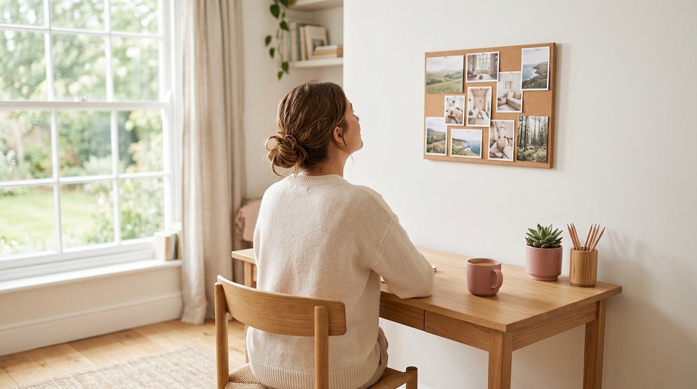 Vision board ideas for work pinned above a tidy desk while a person sits looking at them in morning light