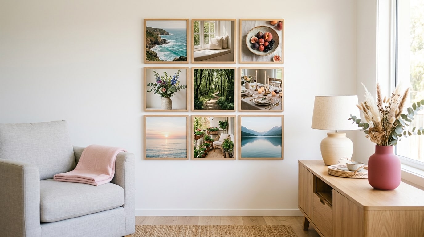 A vision board layout in a clean three by three grid of photos above a sunny wooden sideboard
