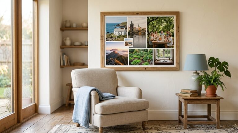 Vision board life goals: a framed board of seaside house, mountain summit and family table photos