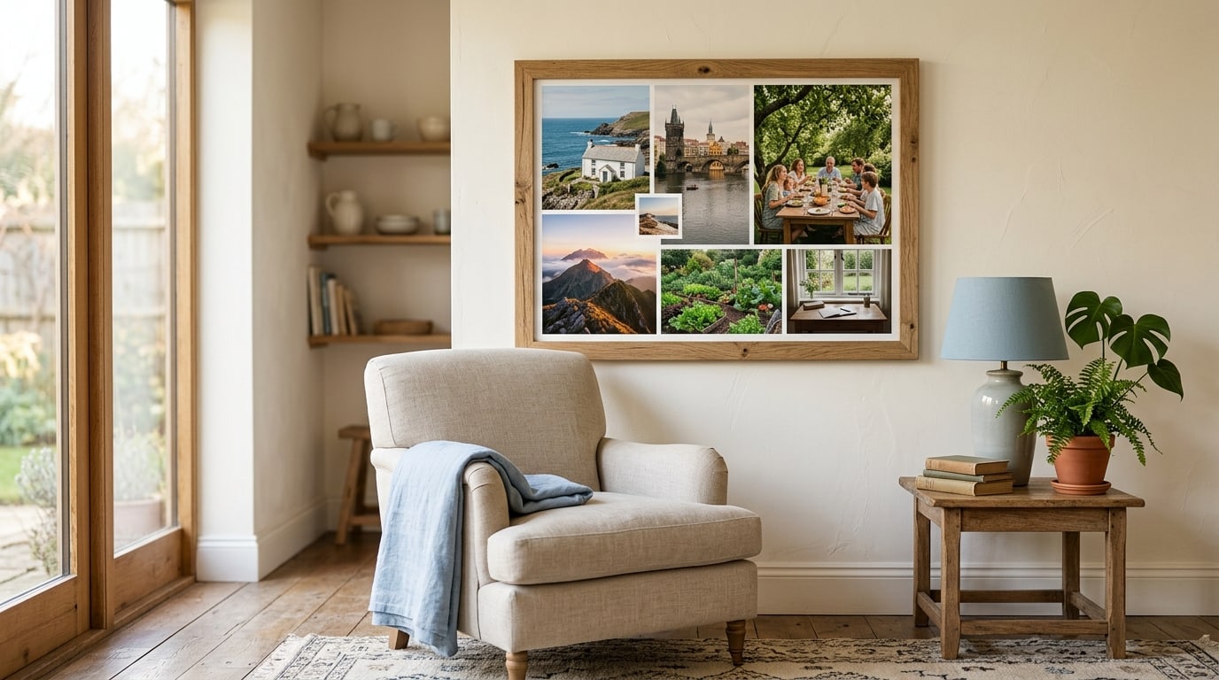 Vision board life goals: a framed board of seaside house, mountain summit and family table photos
