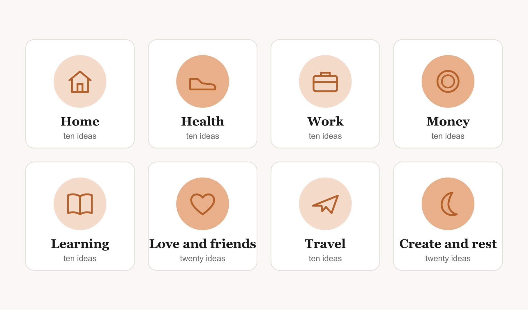 Vision board list ideas across ten areas, from home, health and work to travel, creativity and rest