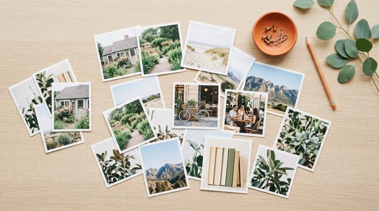 Vision board list ideas: many small printed photos spread on oak, with a few set aside as favourites