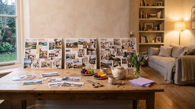 Vision board party ideas: three finished boards propped behind a table of photos, tea and fruit