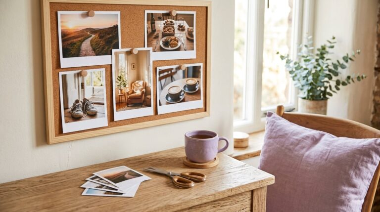 Vision board photos ideas: personal prints of a path, a meal and trainers pinned above a wooden desk