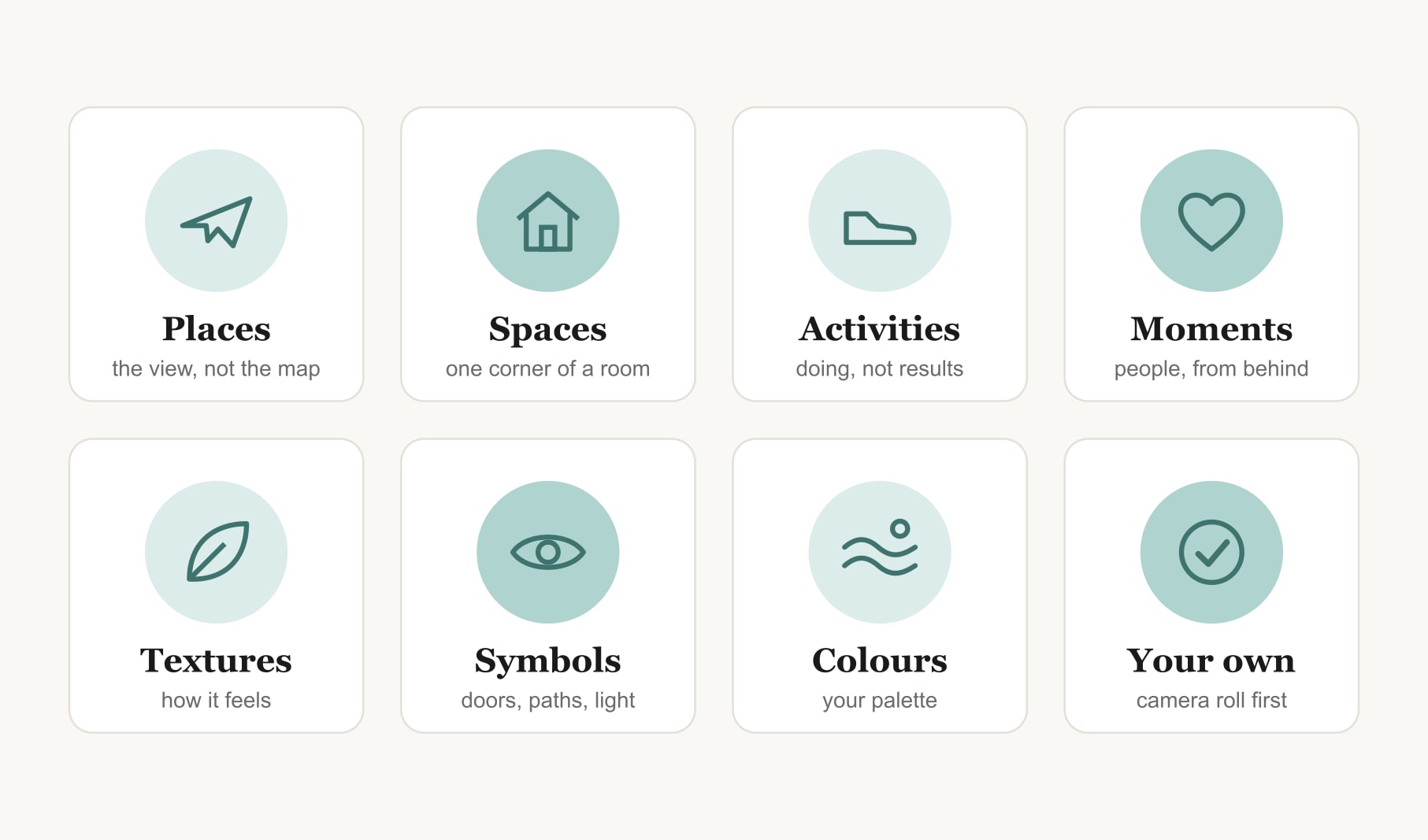 Eight kinds of vision board picture ideas: places, spaces, activities, moments, textures, symbols, colours, your own