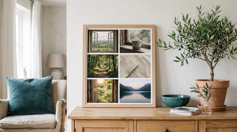 Vision board picture ideas: a grid of windows, paths, doors and textures leaning on a calm sideboard