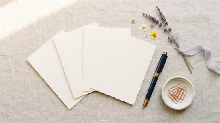 Blank cards, a pen and dried lavender laid out ready for choosing vision board quotes on a linen table
