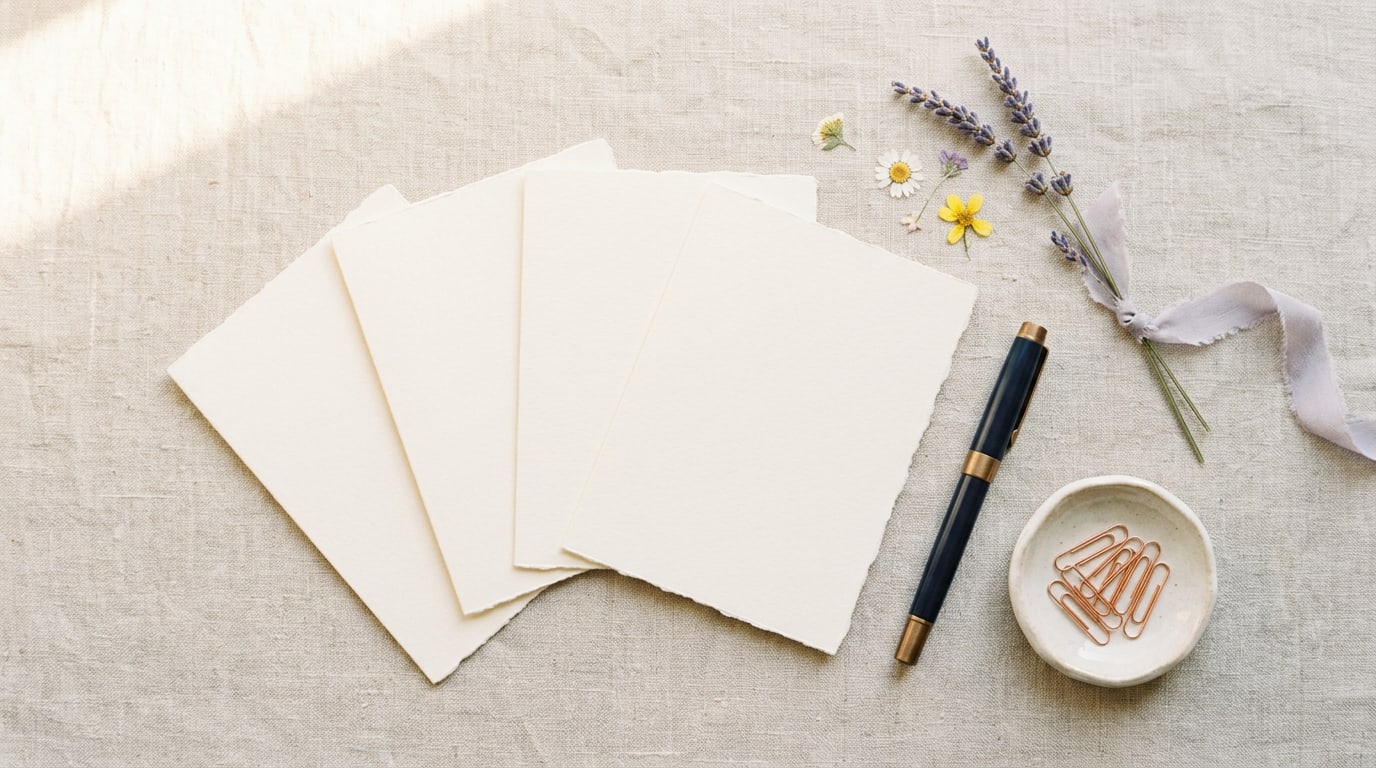 Blank cards, a pen and dried lavender laid out ready for choosing vision board quotes on a linen table