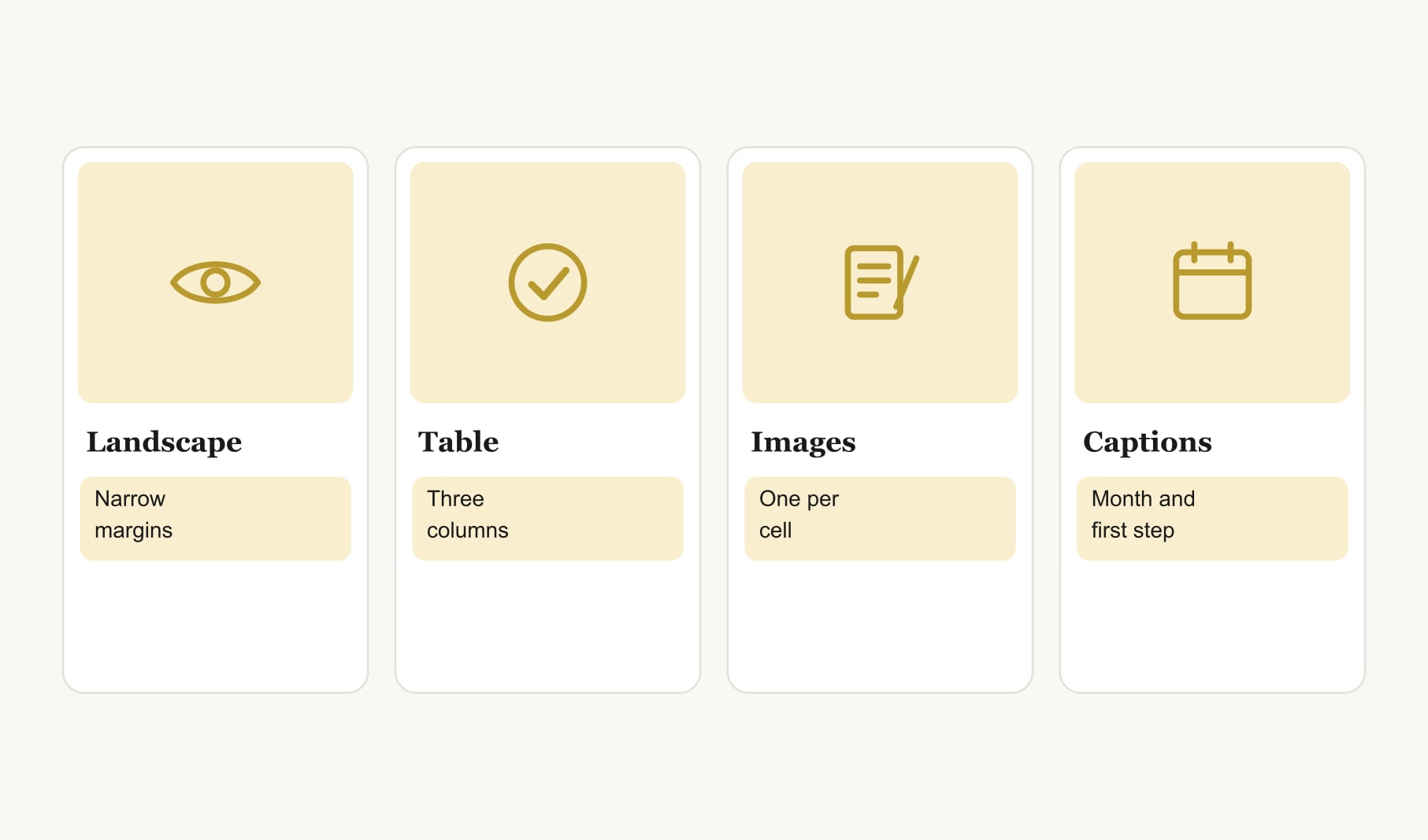 Four parts of a vision board template in Word: landscape page, table, images and captions