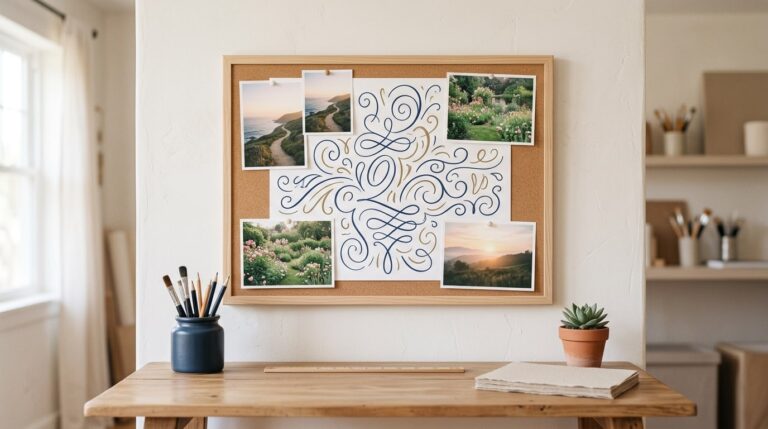 Vision board word art: a board with ink flourishes and swirls framed by coastal and garden photos