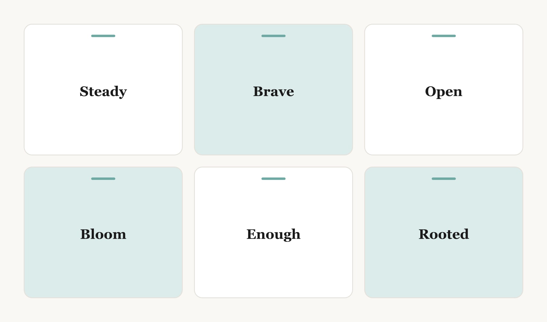 Six examples of a vision board word of the year: steady, brave, open, bloom, enough and rooted