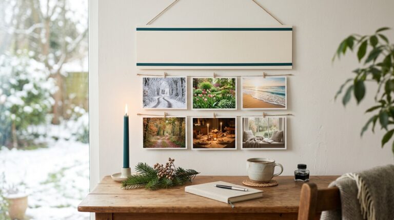 Vision board word of the year: a board with a blank top card above photos of all four seasons
