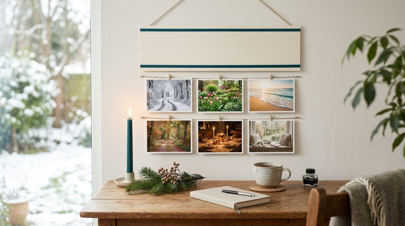 Vision board word of the year: a board with a blank top card above photos of all four seasons