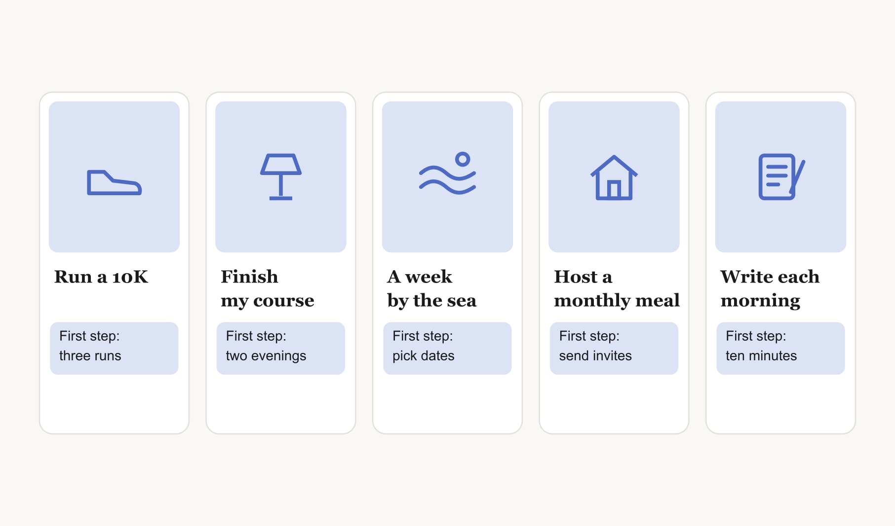 A simple five square vision board example, each vision paired with its own small first step