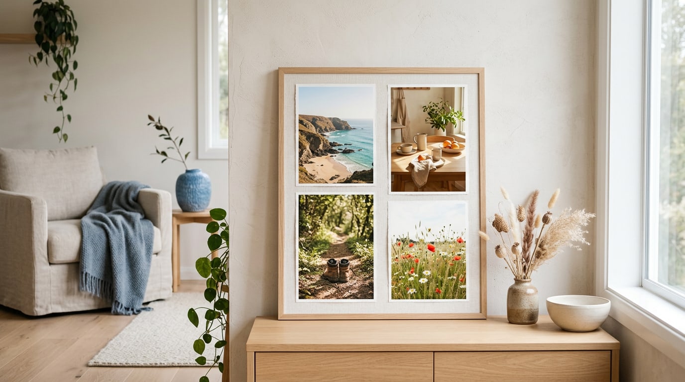What is a vision board: a finished board of travel, home and outdoor photos propped on a sunlit sideboard
