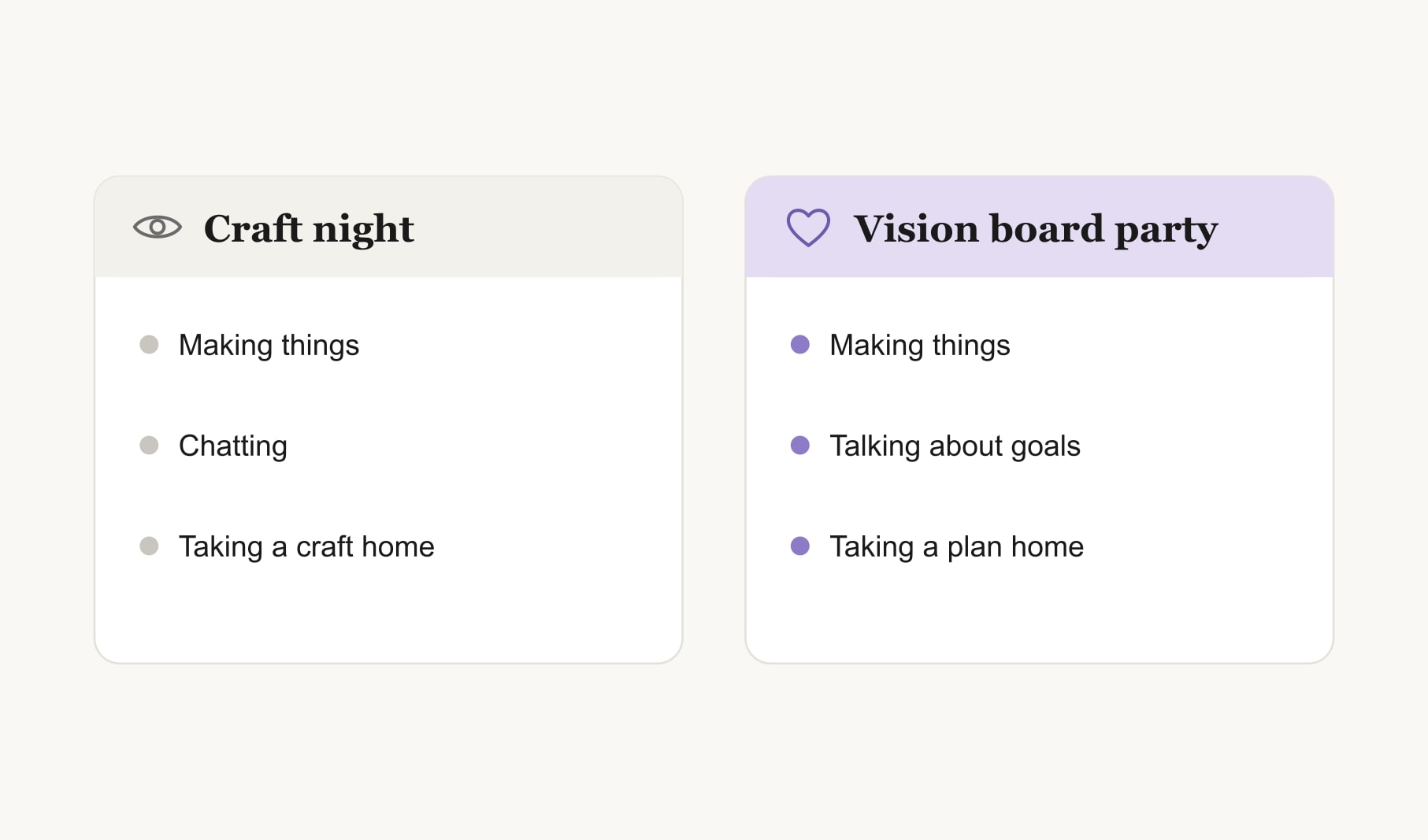 A craft night compared with a vision board party: the same making, plus goals and a plan to take home