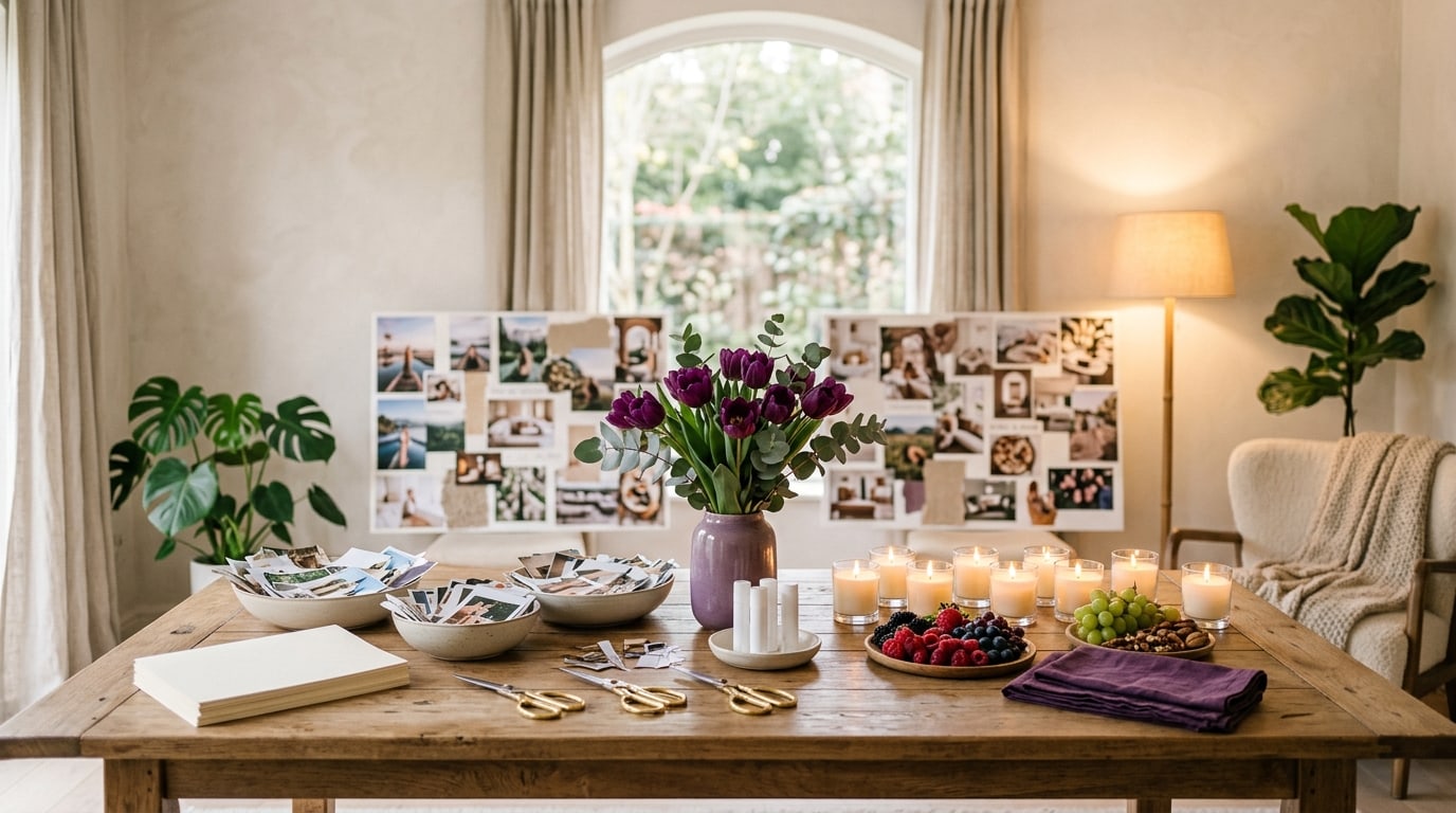 What is a vision board party: a table laid with card, photos and candles, two example boards behind it