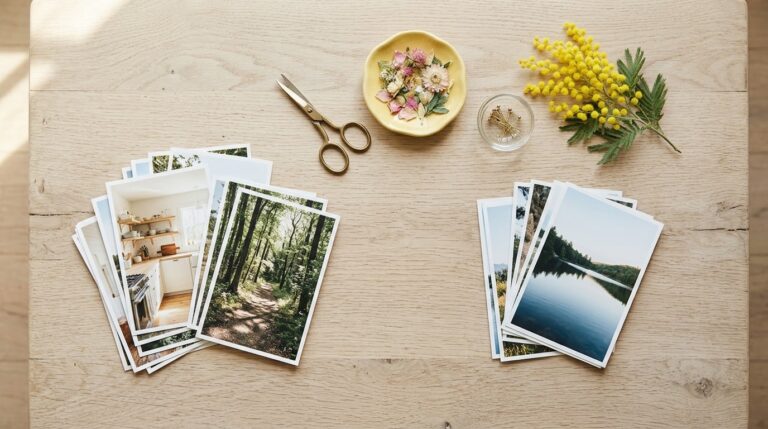 What to put on a vision board: photos sorted into two piles on an oak table with pins, scissors and flowers