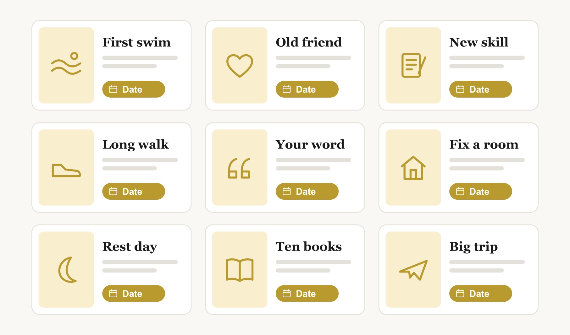 The centre of a card of 2027 vision board bingo ideas: first swim, old friend, new skill, your word, big trip