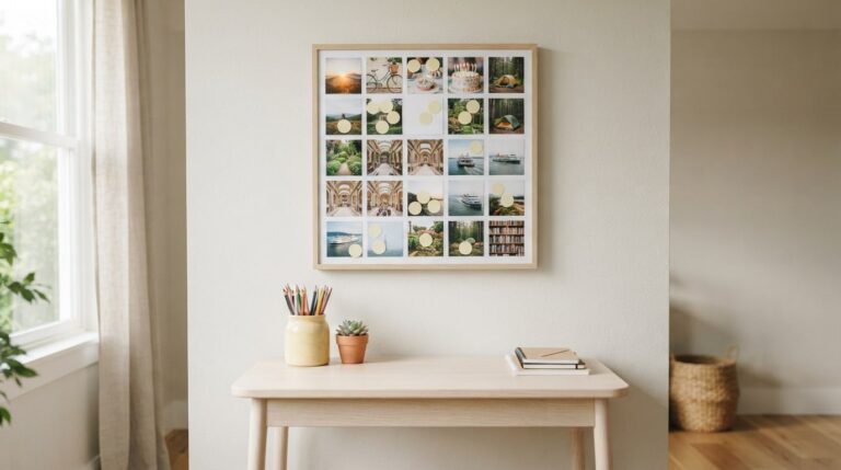 2027 vision board bingo ideas: a five by five photo grid with stickers on finished squares above a desk