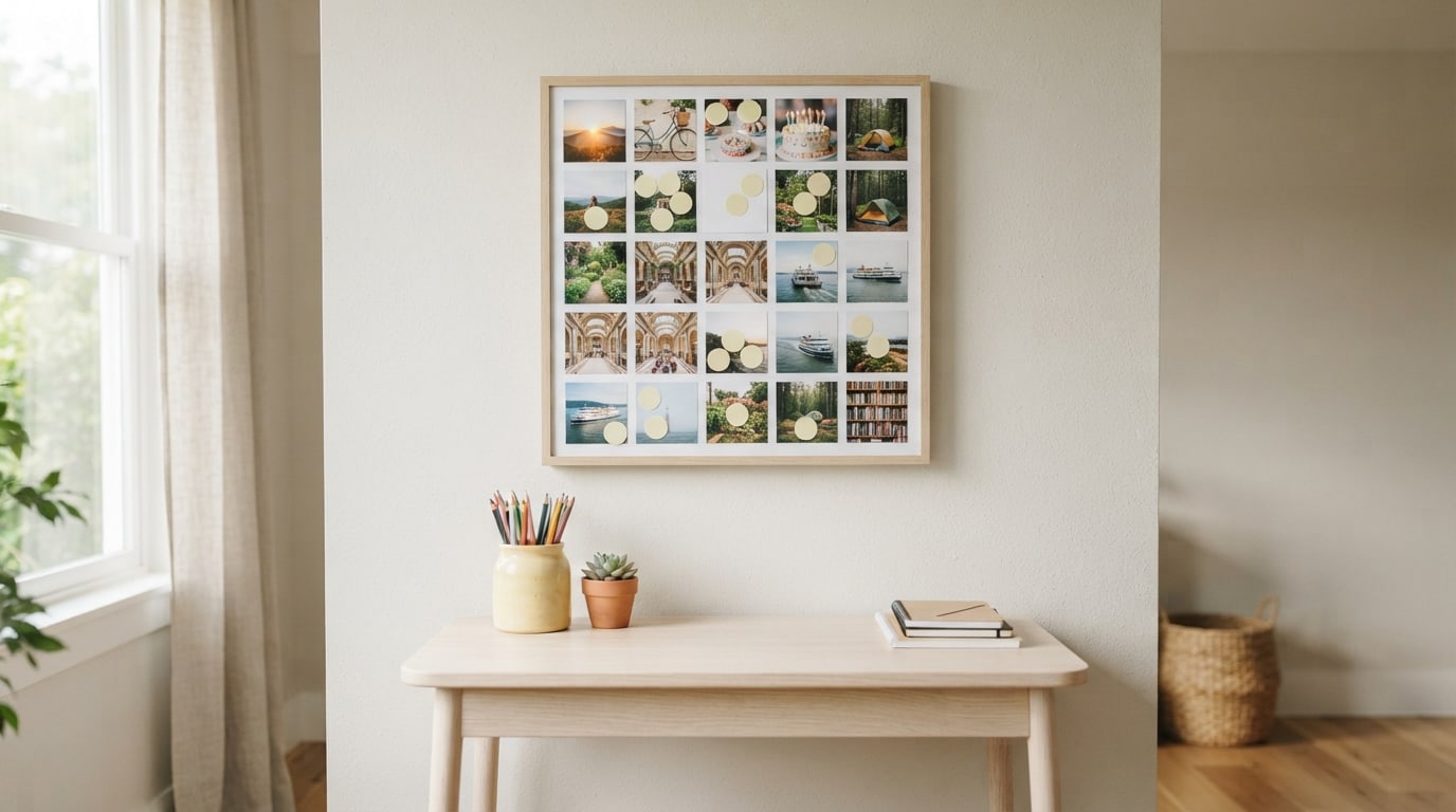 2027 vision board bingo ideas: a five by five photo grid with stickers on finished squares above a desk