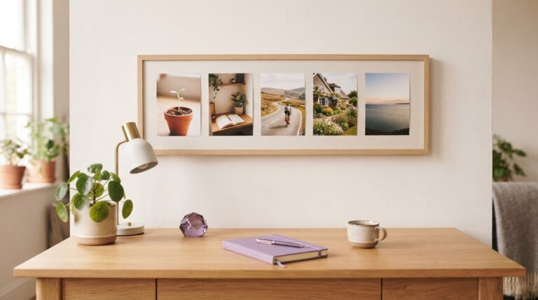 5 year plan vision board: a five column photo timeline from a seedling to a sea view above a desk