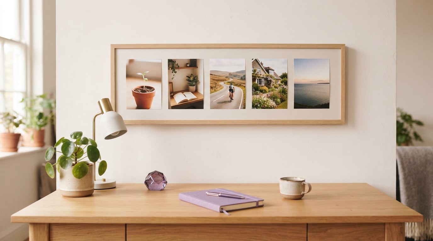 5 year plan vision board: a five column photo timeline from a seedling to a sea view above a desk