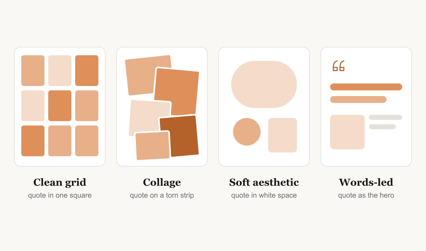 Four ways to style aesthetic vision board quotes: a clean grid, a collage strip, white space and a words-led board