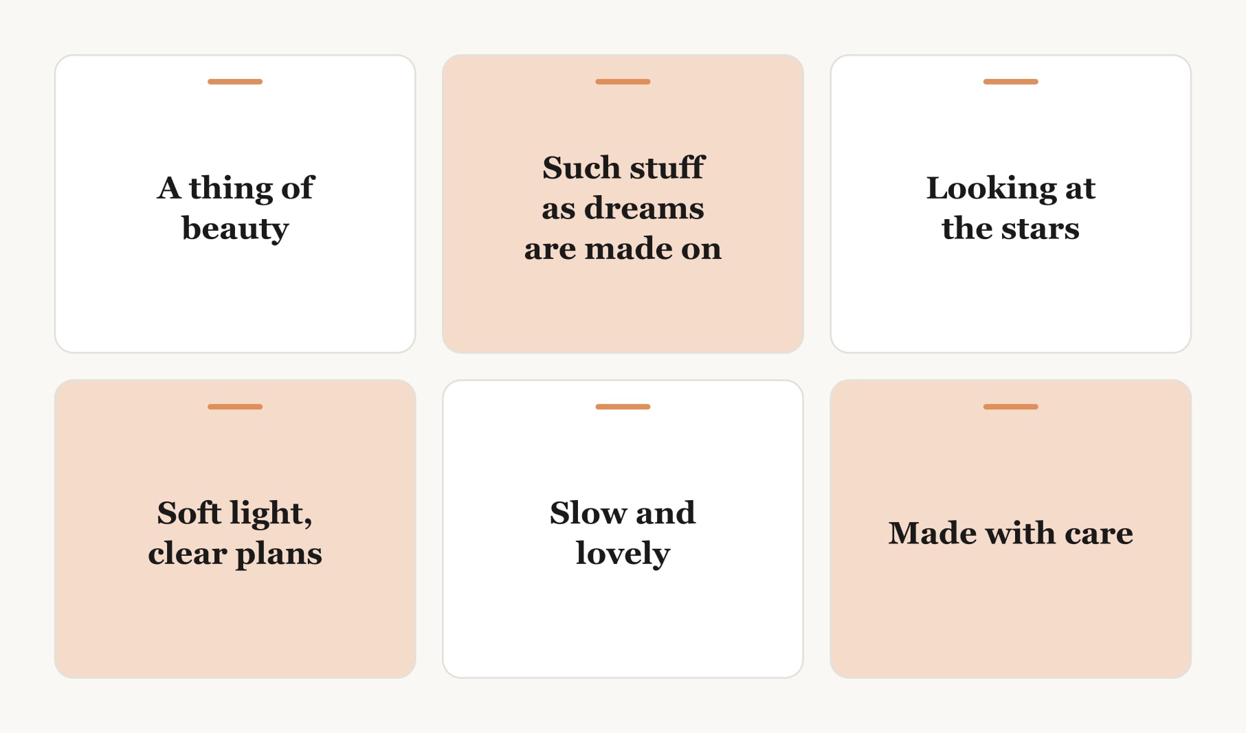 Six aesthetic vision board quotes as cards: fragments from Keats, Shakespeare and Wilde, plus three original lines