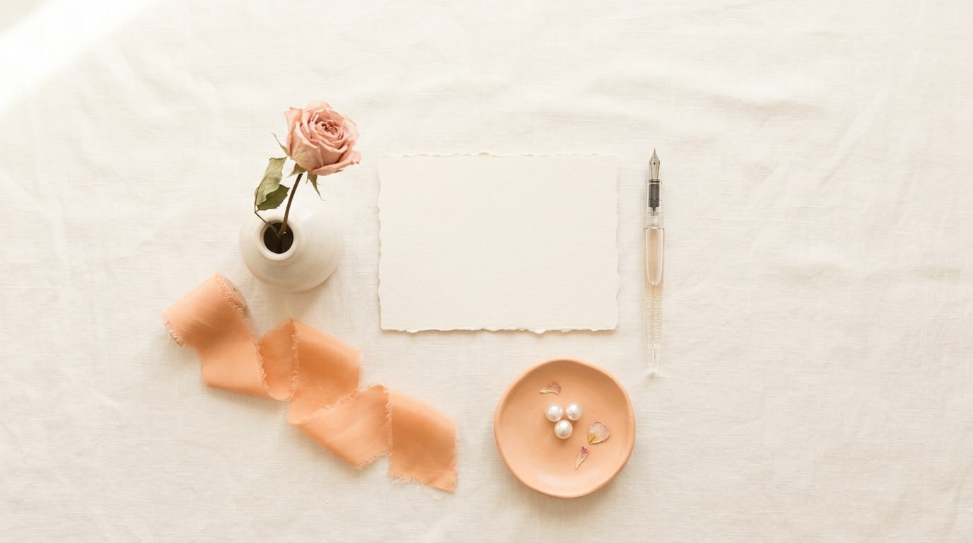 Aesthetic vision board quotes: a blank deckled card, a fountain pen and a dried rose on cream linen