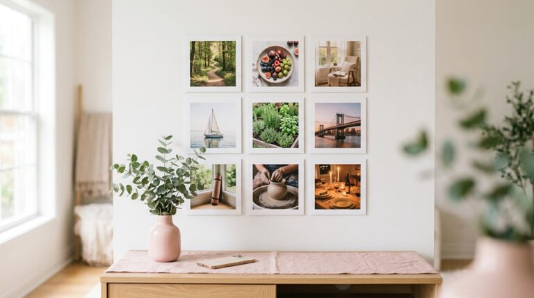 Apps for making a vision board: a printed nine photo grid on a wall above a console with a phone