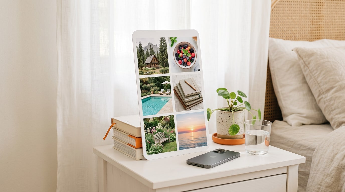 Best apps for digital vision board use: a tall phone-shaped board of six photos on a bedside table