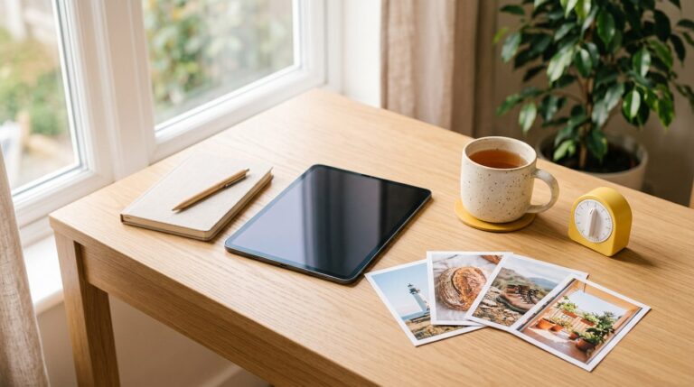 Best apps to create a vision board: a tablet, a timer and printed photos laid out on a bright desk